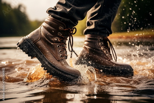 Side close-up of brown men's shoes walking on a street with standing water. Water splashing around shoes walking in a puddle. Out of focus. Close up. Generative AI