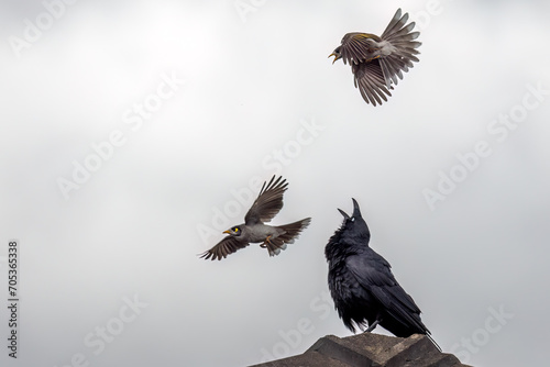 An Australian Raven (Corvus coronoides) atop the roof of a building looks up as two Noisy Miners (Manorina melanocephala) swoop on it. The Noisy Miners are fiercely territorial and keep fighting.