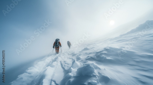 Hikers walking through a snowstorm. Generative AI