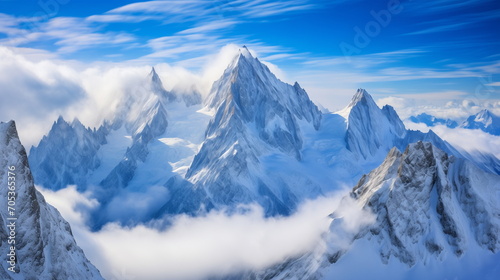Snow-covered alpine landscape with fog. Generative AI