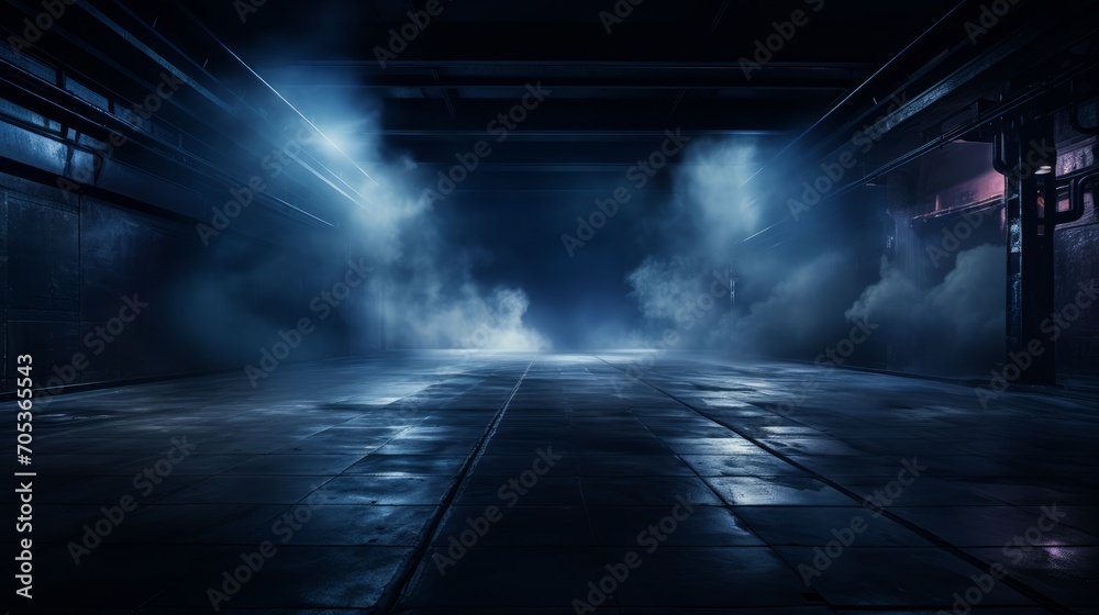 A dark empty street dark blue background an empty dark scene neon light spotlights The asphalt floor and studio room with smoke float up the interior texture  AI generated