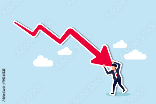 Resilience to survive investment crash, crisis or recession, pushing back or effort to win business challenge, economic recession concept, businessman pushing falling down arrow with full effort.