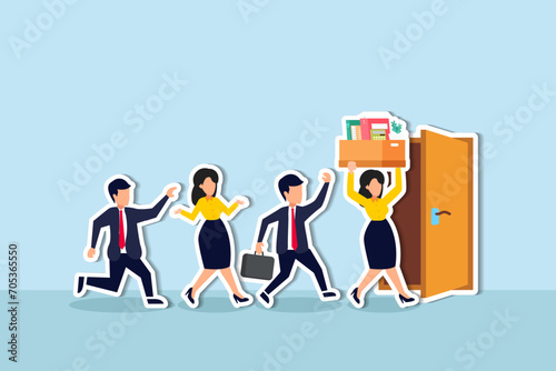 Great resignation, employee resign, quit or leaving company, people management or human resources problem concept, business people employee resign and walk through exit door.