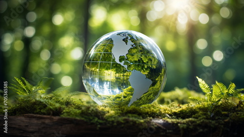 A glass globe with a world map drawn on it, lying on moss in a dense forest. Forest bokeh background. Nature, environment, ESG, green energy, Earth Day concept. Generative AI