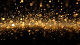 Gold bokeh background on black background. Falling golden glitter. Luxurious gold bokeh background. Christmas background. luxury decoration background. Celebration, event background. Generative AI