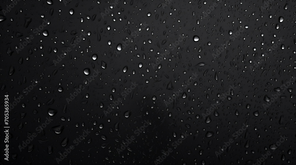 Water droplets on a black background. Rain water falling on a black surface. Close up. Generative AI