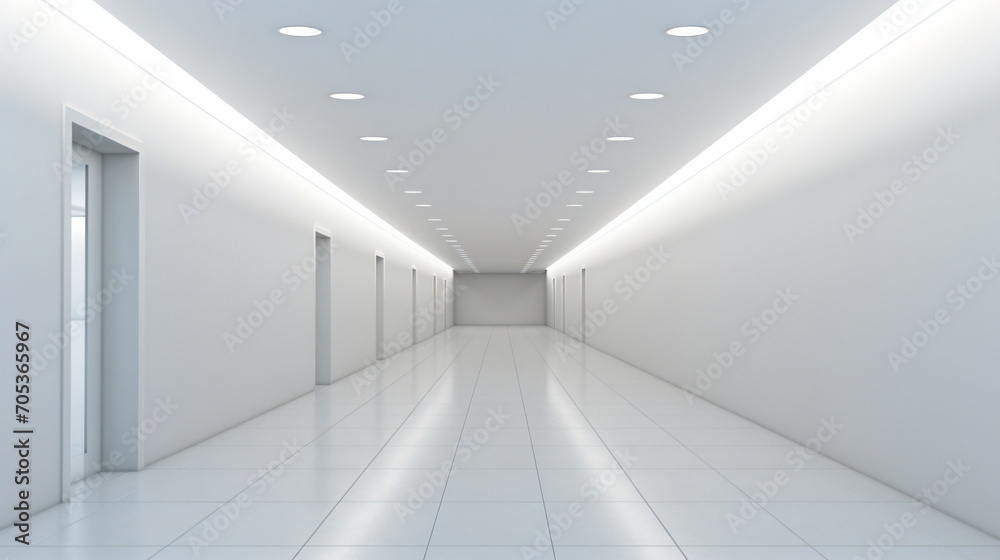 White long hallway space with bright light and perspective. Nothing, Empty, Nobody. Generative AI White long hallway space with bright light and perspective. Nothing, Empty, Nobody. Generative AI