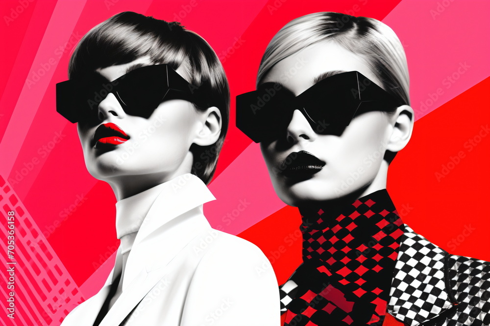 Beautiful woman wearing sunglasses. Pop art of retro comic girl. Vector art drawing of young pretty happy people. Wallpaper of young female. Colorful splashes of halftone. Vintage fash - Generative AI Beautiful woman wearing sunglasses. Pop art of retro comic girl. Vector art drawing of young pretty happy people. Wallpaper of young female. Colorful splashes of halftone. Vintage fash - Generative AI