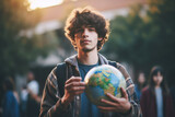 Student with Backpack over His Shoulders Outdoors Holds Globe in His Hands