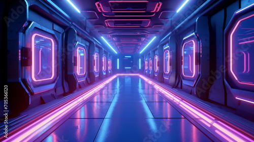 A futuristic spaceship with pink neon rays in a long corridor space. A dark, cybernetic long corridor with pink lights. A futuristic science fiction background.  Perspective. Generative AI