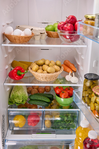 Open fridge full of fresh fruits and vegetables, organic nutrition, 