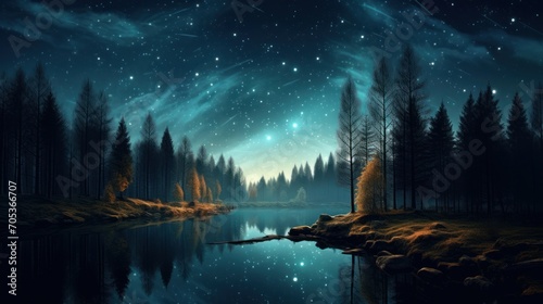 A serene nighttime scene of a forest under the starry sky AI generated