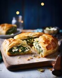 An irresistible shot capturing the gooey and cheesefilled delight of a homemade spinach and feta stuffed pastry, with its flaky golden crust and a sprinkling of aromatic herbs on top.