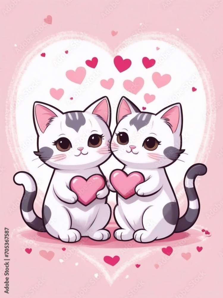 Beautiful Happy Valentine's Day holiday art, greeting card design with two cute kawaii cartoon cats in love with hearts backgroung. Cats couple in love with valentines hearts design Beautiful Happy Valentine's Day holiday art, greeting card design with two cute kawaii cartoon cats in love with hearts backgroung. Cats couple in love with valentines hearts design