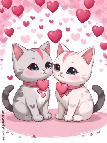 Beautiful Happy Valentine's Day holiday art, greeting card design with two cute kawaii cartoon cats in love with hearts backgroung. Cats couple in love with valentines hearts design © Anastasiya