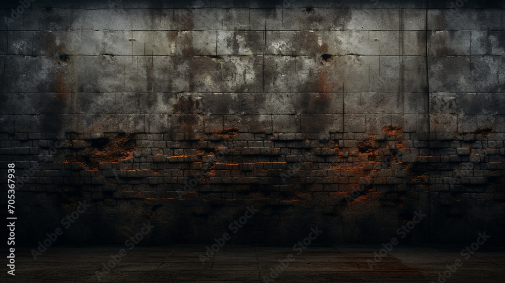 Old and weathered concrete cement wall with cracks in the dark. Generative AI