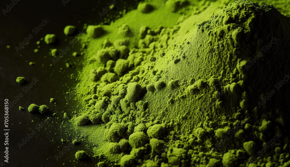 Green powder on a black background. Green tea powder. Close up. Top view. Generative AI