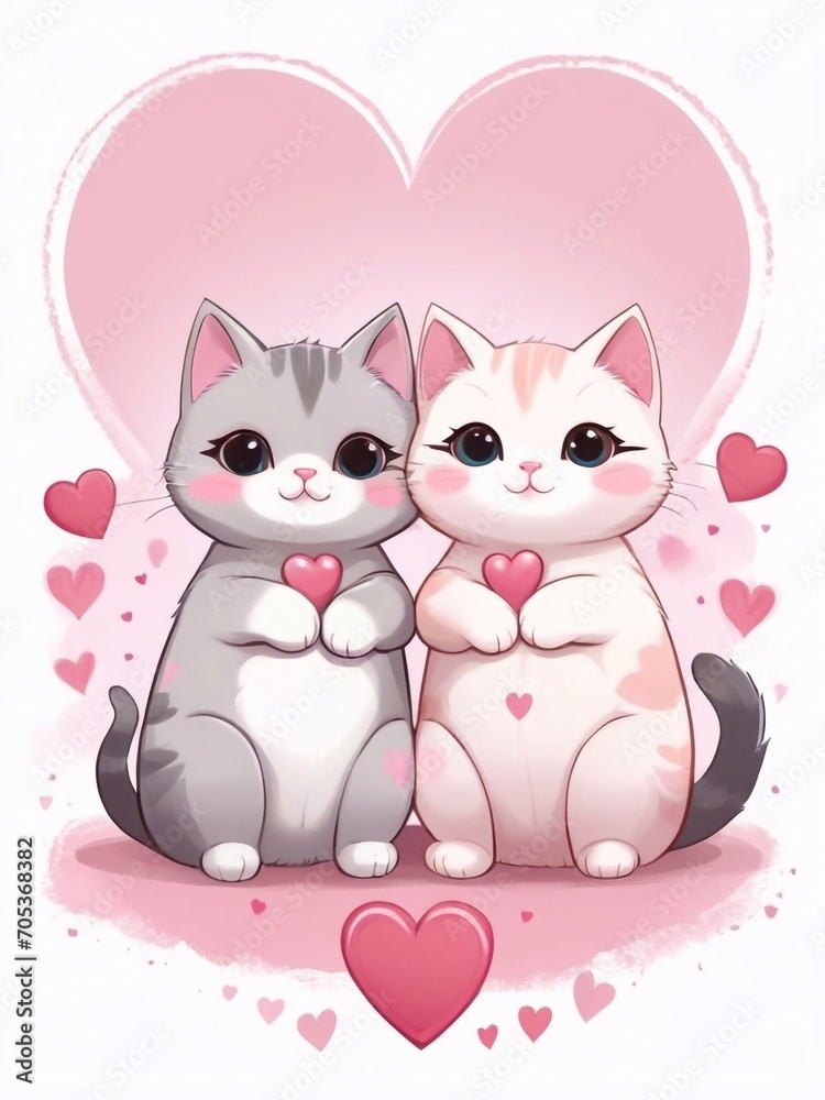 Beautiful Happy Valentine's Day holiday art, greeting card design with two cute kawaii cartoon cats in love with hearts backgroung. Cats couple in love with valentines hearts design
