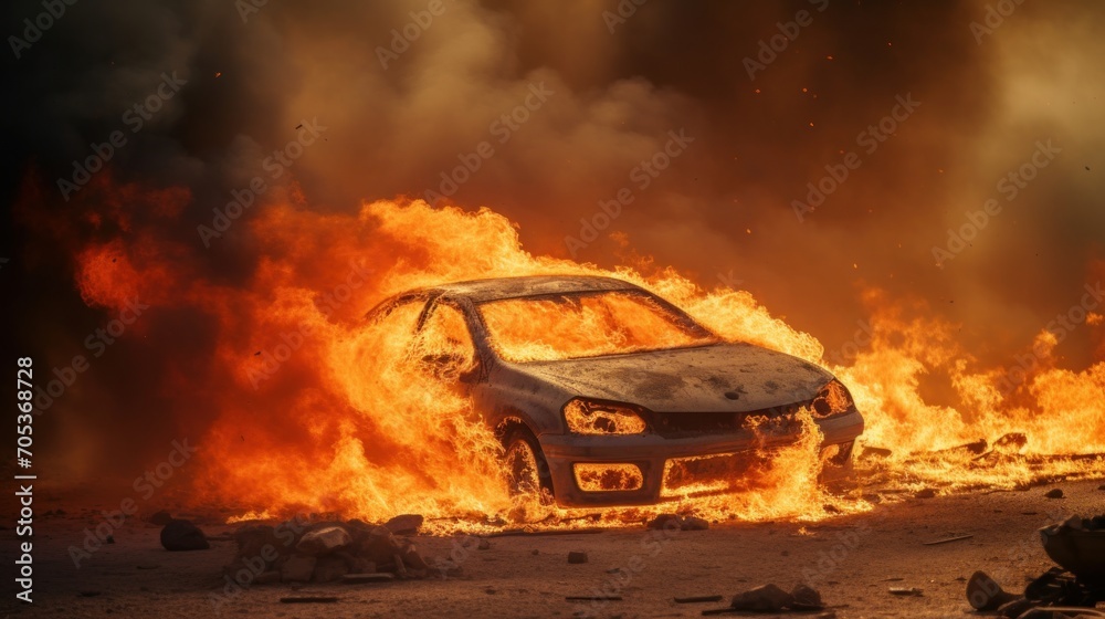 Burning car concept of war in Israel Background with selective focus and copy space  AI generated