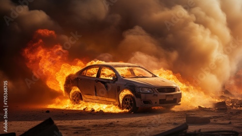 Burning car concept of war in Israel Background with selective focus and copy space  AI generated © ArtStage