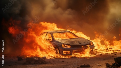 Burning car concept of war in Israel Background with selective focus and copy space  AI generated