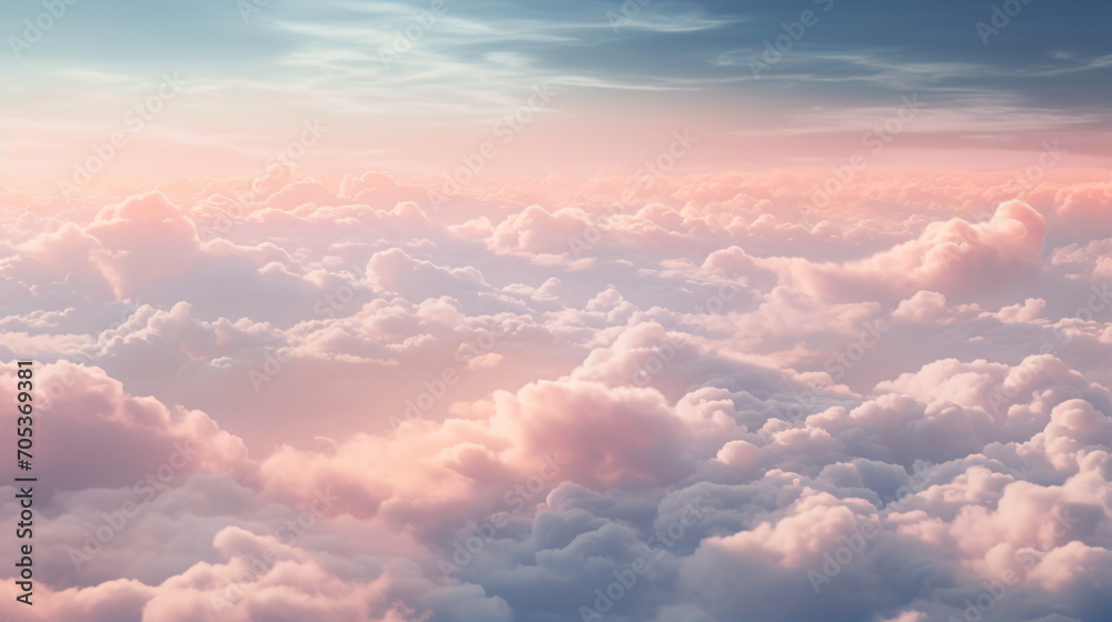 A pink-hued cloudscape seen from an airplane above the clouds. Above the clouds. View from above. Generative AI