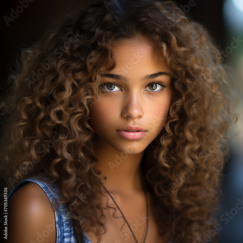 A mixed race teenage girl with long brown curly hair. African women. Close up. Generative AI