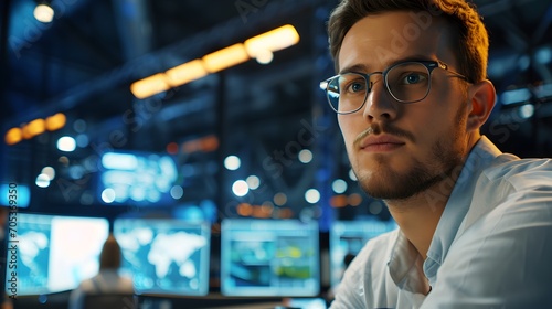 A young professional with glasses in a control room with multiple monitors in the background.