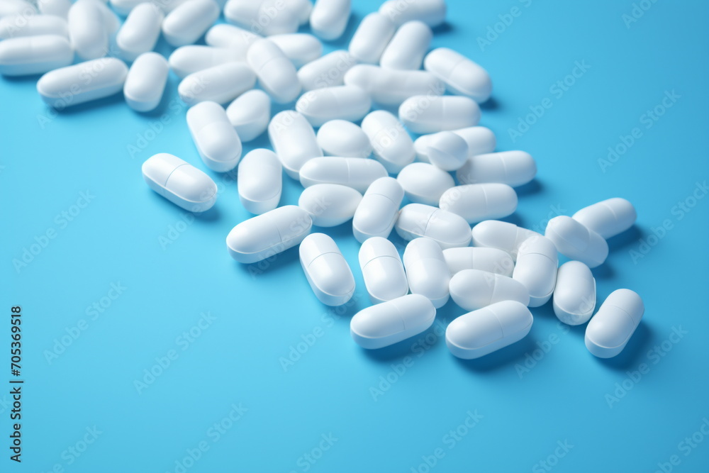 A pile of several white pills on a blue background. Health, medicine, pharmaceutical background. Top view. Generative AI A pile of several white pills on a blue background. Health, medicine, pharmaceutical background. Top view. Generative AI