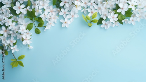 White flowers and green leaves frame in soft pastel blue background. Top view. Copy space. Spring background. Generative AI