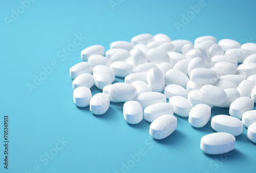 A pile of several white pills on a blue background. Health, medicine, pharmaceutical background. Top view. Generative AI © seogi