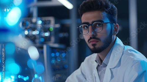 A young man in a white shirt and glasses, concentrated on screens with futuristic blue light reflections.