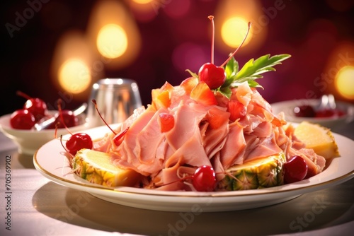 A visually appealing composition featuring a generous portion of ham adorned with pineapple slices and maraschino cherries a classic combination that adds bursts of sweet and tangy flavors