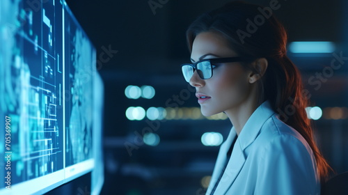 woman scientist with glasses, tousled straight hair, wearing a white lab coat, focused on complex data analysis on high-tech screens - Generative AI