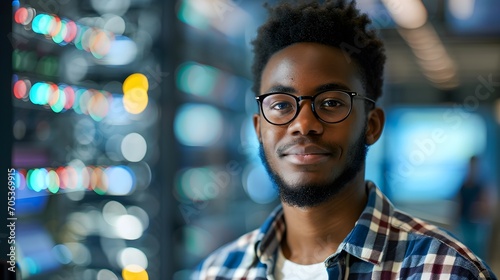 A confident young man with glasses and a checked shirt in a server room. photo