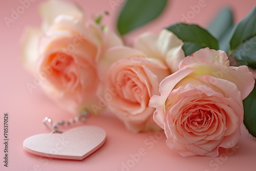 Subtle Affection  Beautiful rose flowers and a heart on a pink background  arranged with a focus on subtlety and minimalism  creating a gentle and refined composition for Valentine s day concept.