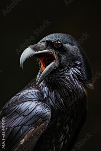 Angry pose of a black Raven on the black background AI Generative