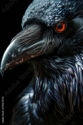 Portrait macro of a black Raven on the black background AI Generative
