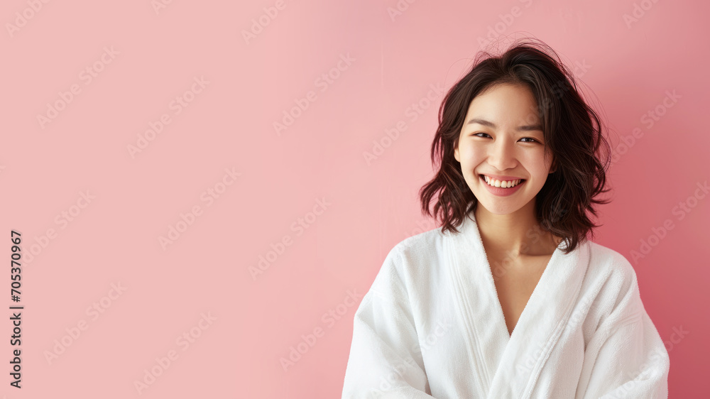 Asian woman in bathrobes, female body care and pampering in hotel spa Asian woman in bathrobes, female body care and pampering in hotel spa