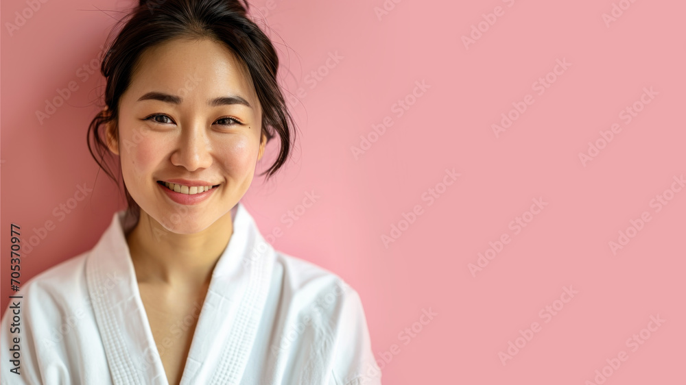 Asian woman in bathrobes, female body care and pampering in hotel spa