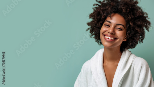Afro woman in bathrobes, female body care and pampering in spa hotel photo