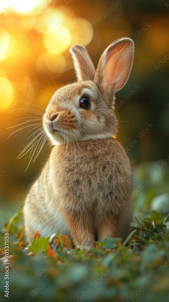 Fototapeta premium A cute little rabbit playing happily on the lawn