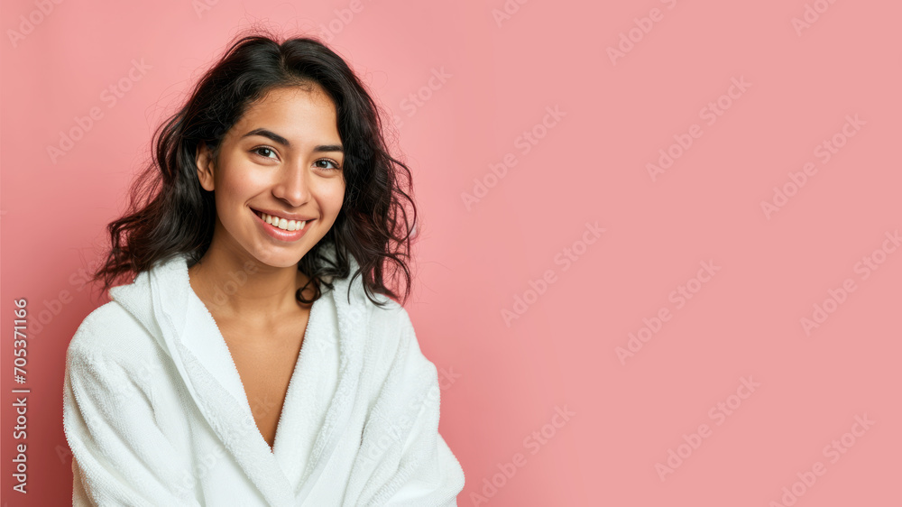 Hispanic woman in bathrobes, female body care and pampering in hotel spa