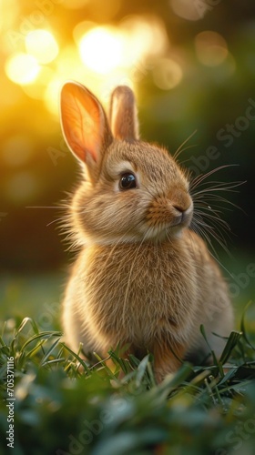A cute little rabbit playing happily on the lawn