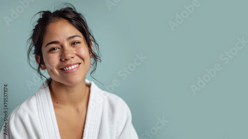 Hispanic woman in bathrobes, female body care and pampering in hotel spa