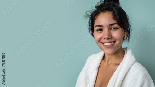 Hispanic woman in bathrobes, female body care and pampering in hotel spa