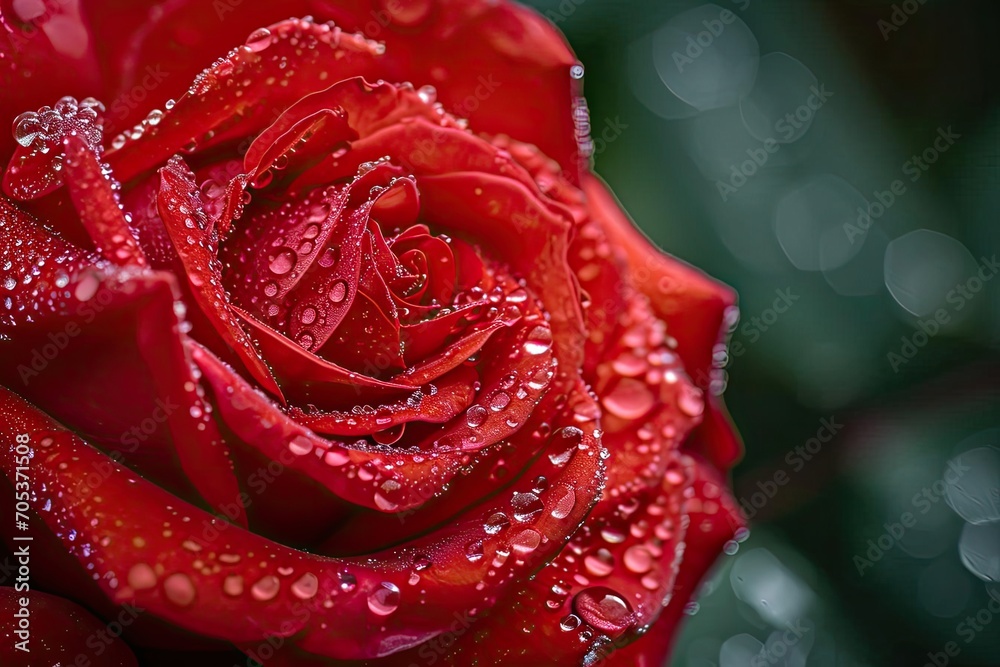 A close-up of a vibrant red rose with dew drops on the petals A close-up of a vibrant red rose with dew drops on the petals