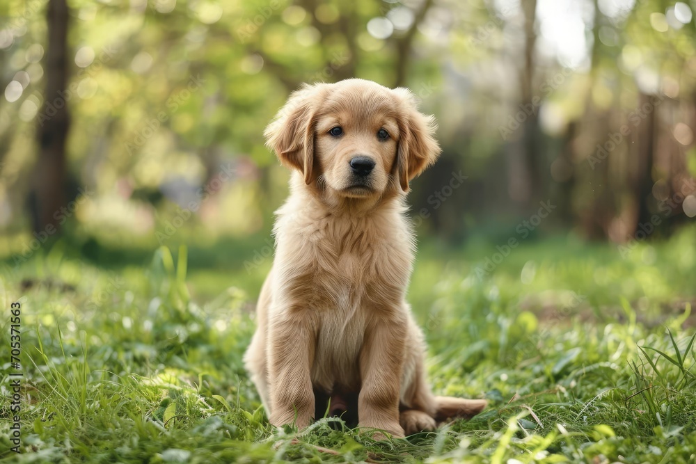 A golden retriever puppy sitting in a lush green park A golden retriever puppy sitting in a lush green park