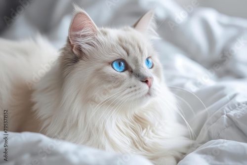 A fluffy white cat with blue eyes