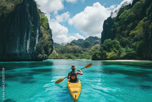 Adventurer posing on a kayak amidst stunning turquoise waters © Jelena